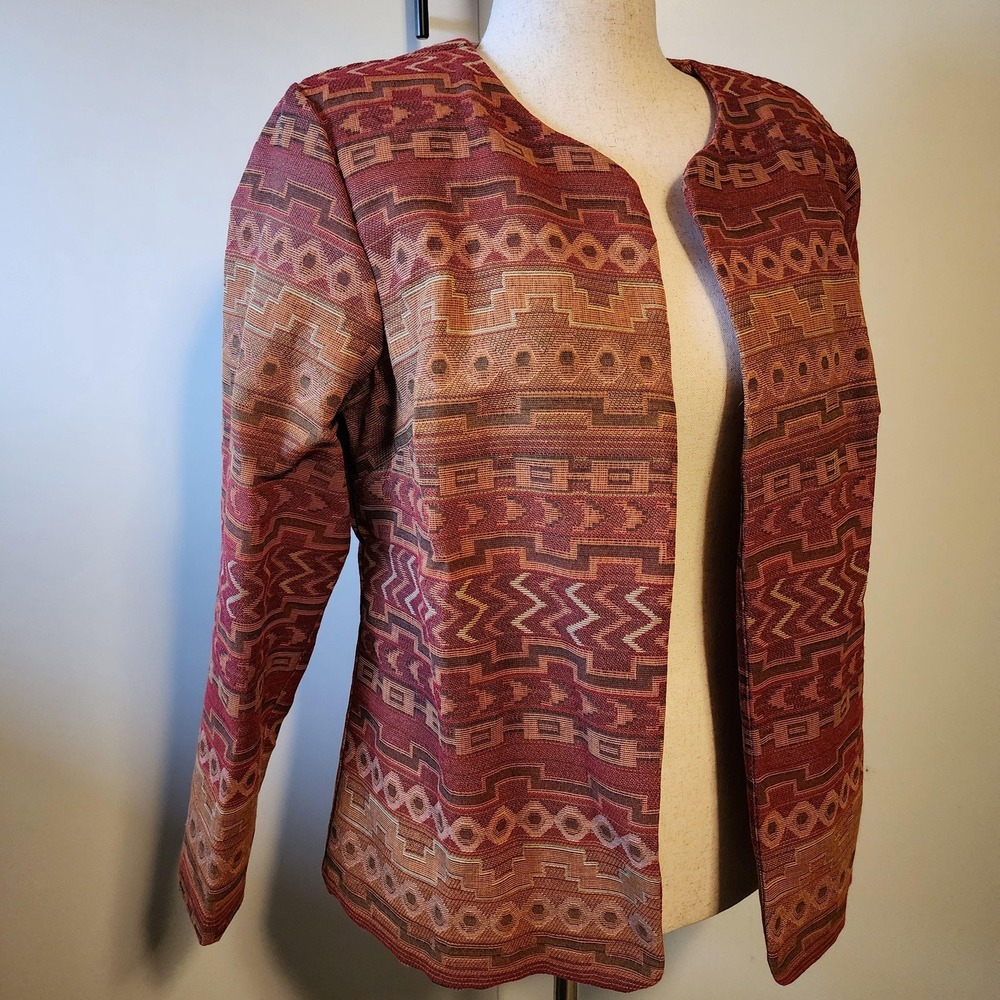 Koret Vintage Southwest Open Front Blazer Red Orange Tan Made in USA Womens 16